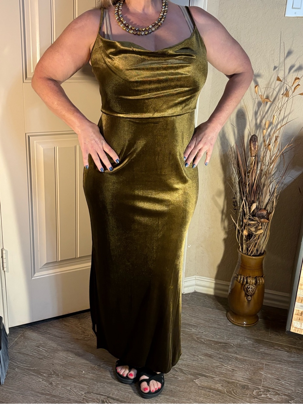 Just...Taylor Olive Velvet Cowl Slip Maxi Dress with side slits